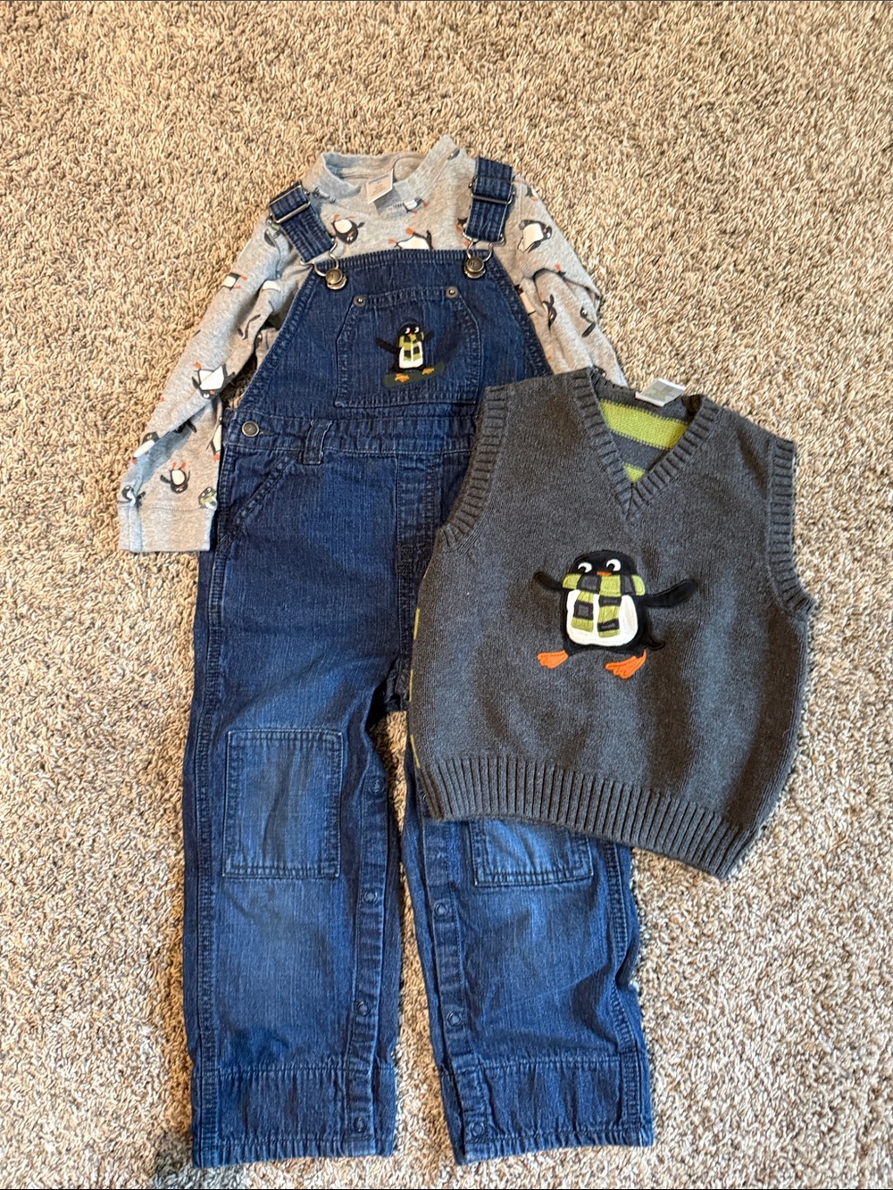 Gymboree Toddler Penguin Denim Overalls & Sweater Vest Set - Gray & Navy